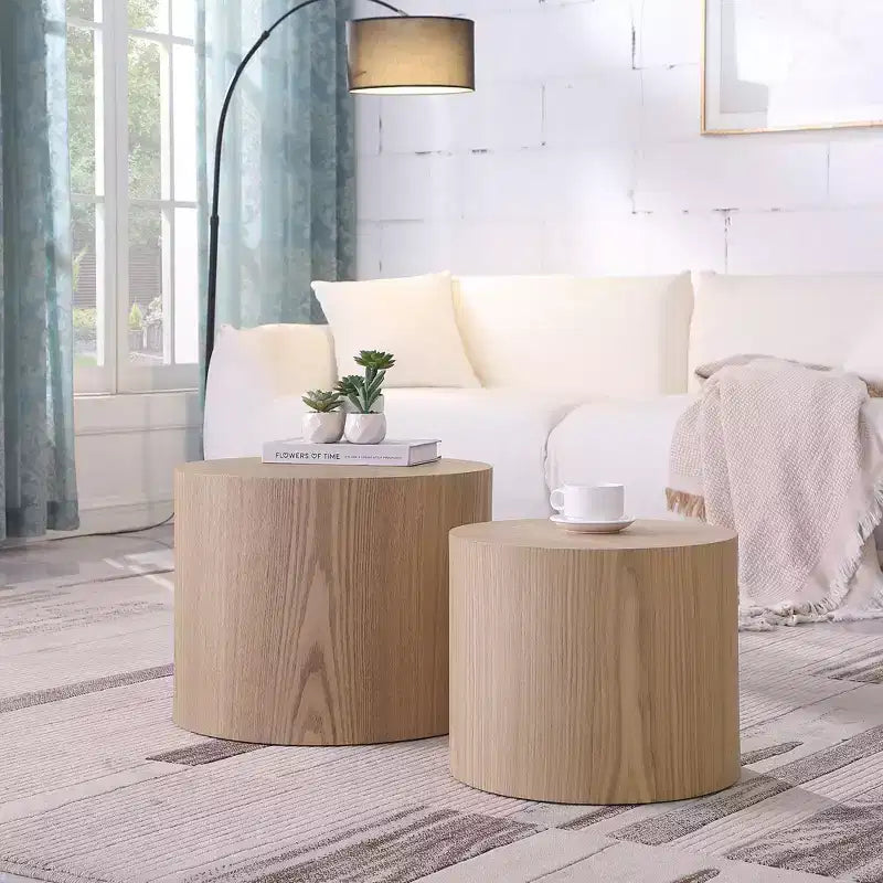 Okak Modern Nesting Coffee Table Set of 2, Cylinder Wood Grain End Side Tables for Living Room Office Balcony Yard