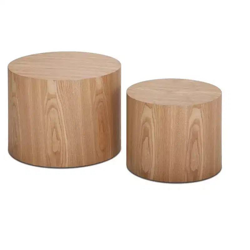 Okak Modern Nesting Coffee Table Set of 2, Cylinder Wood Grain End Side Tables for Living Room Office Balcony Yard