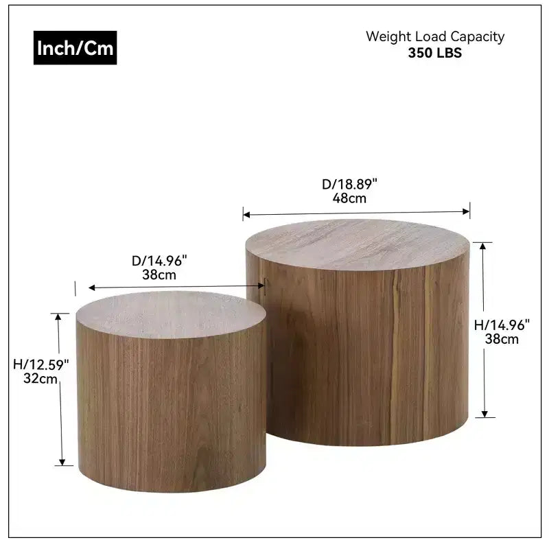Okak Modern Nesting Coffee Table Set of 2, Cylinder Wood Grain End Side Tables for Living Room Office Balcony Yard