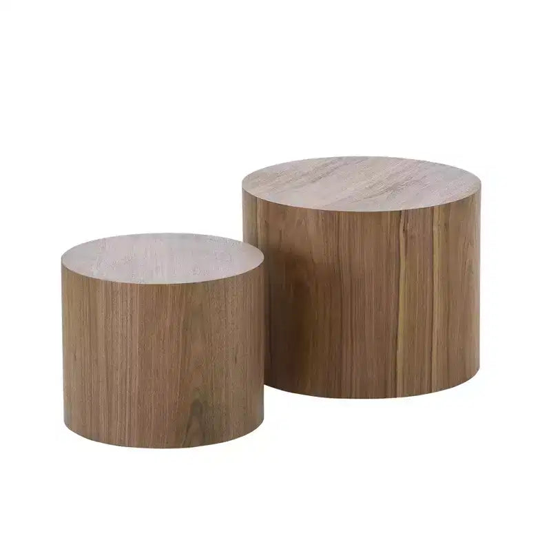 Okak Modern Nesting Coffee Table Set of 2, Cylinder Wood Grain End Side Tables for Living Room Office Balcony Yard