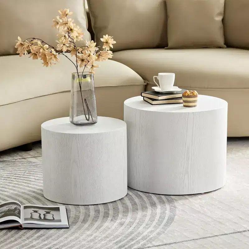 Okak Modern Nesting Coffee Table Set of 2, Cylinder Wood Grain End Side Tables for Living Room Office Balcony Yard