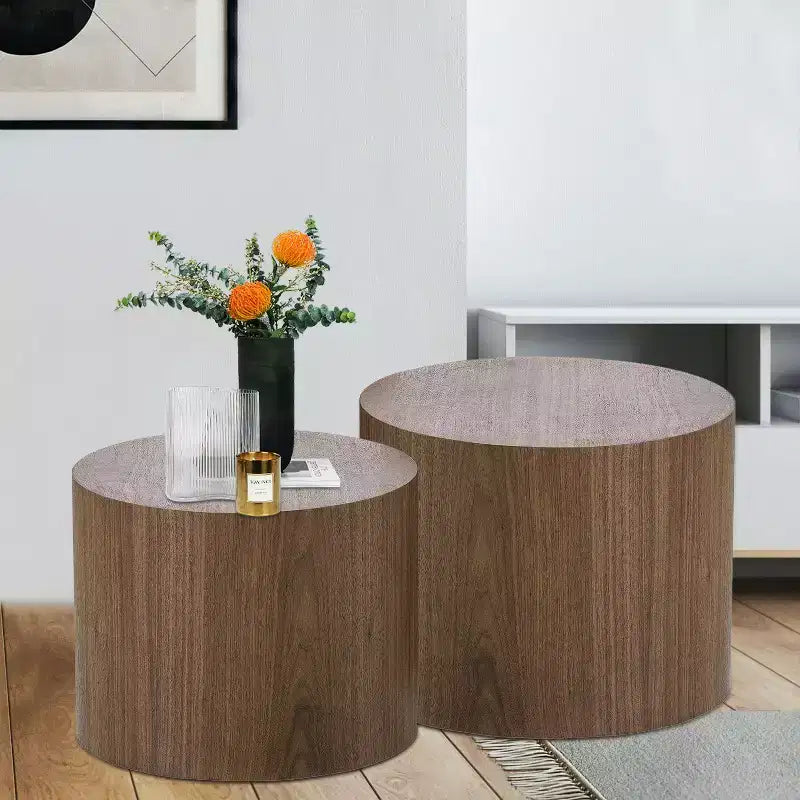 Okak Modern Nesting Coffee Table Set of 2, Cylinder Wood Grain End Side Tables for Living Room Office Balcony Yard