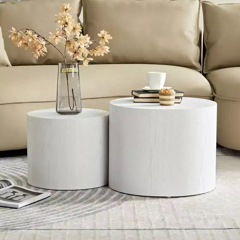 Okak Modern Nesting Coffee Table Set of 2, Cylinder Wood Grain End Side Tables for Living Room Office Balcony Yard