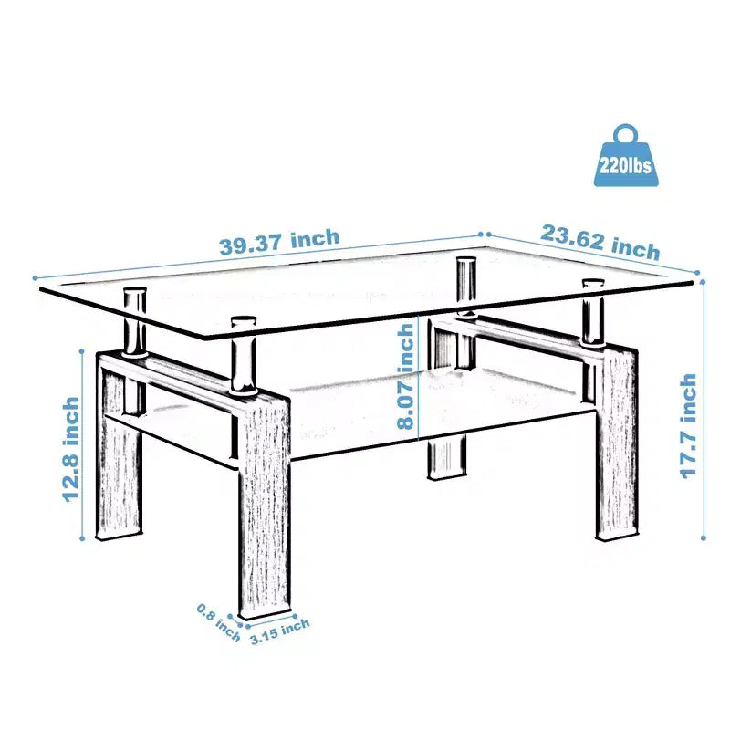 Okak Elegant Rectangle Glass Coffee Table, Modern Side Center Tables 2-Tier Clear Coffee Table for Living Room