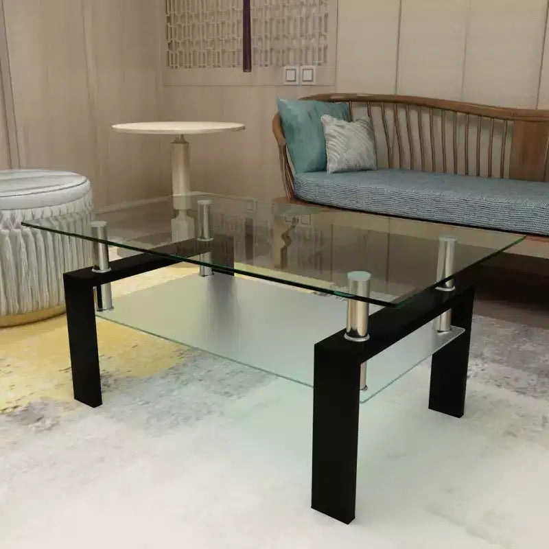 Okak Elegant Rectangle Glass Coffee Table, Modern Side Center Tables 2-Tier Clear Coffee Table for Living Room