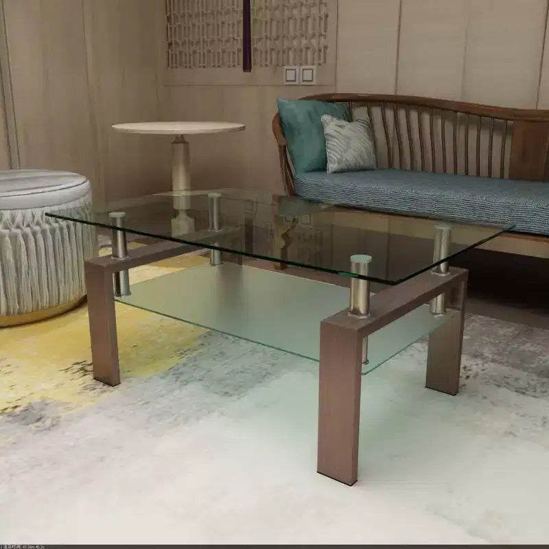 Okak Elegant Rectangle Glass Coffee Table, Modern Side Center Tables 2-Tier Clear Coffee Table for Living Room