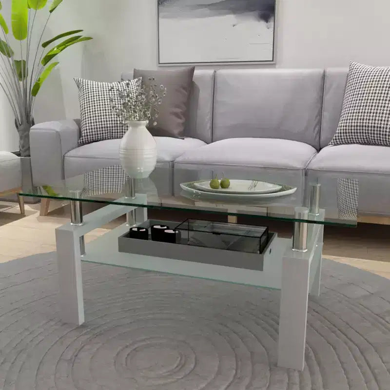 Okak Elegant Rectangle Glass Coffee Table, Modern Side Center Tables 2-Tier Clear Coffee Table for Living Room