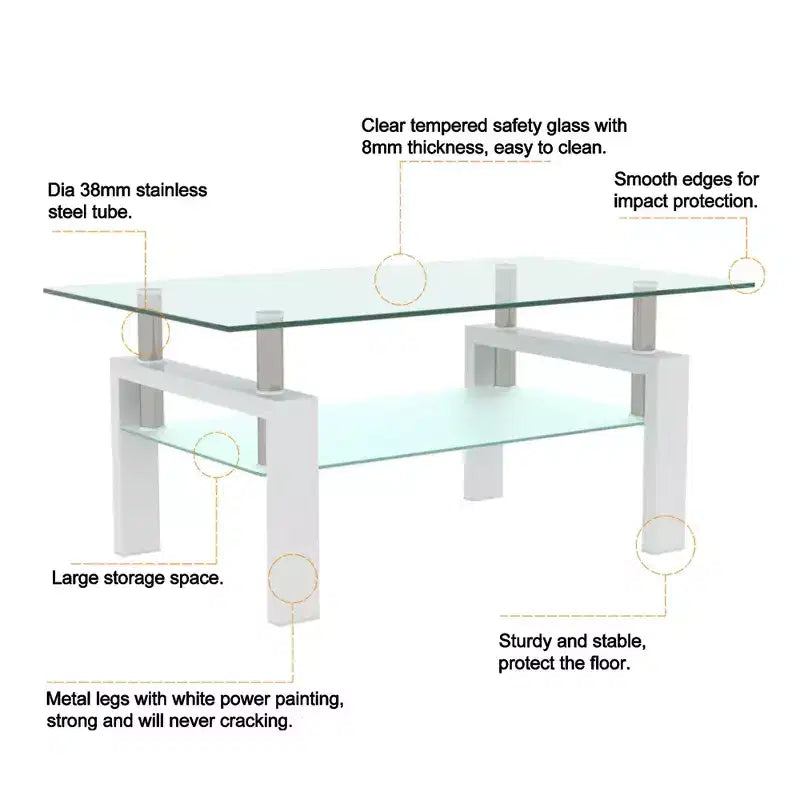Okak Elegant Rectangle Glass Coffee Table, Modern Side Center Tables 2-Tier Clear Coffee Table for Living Room