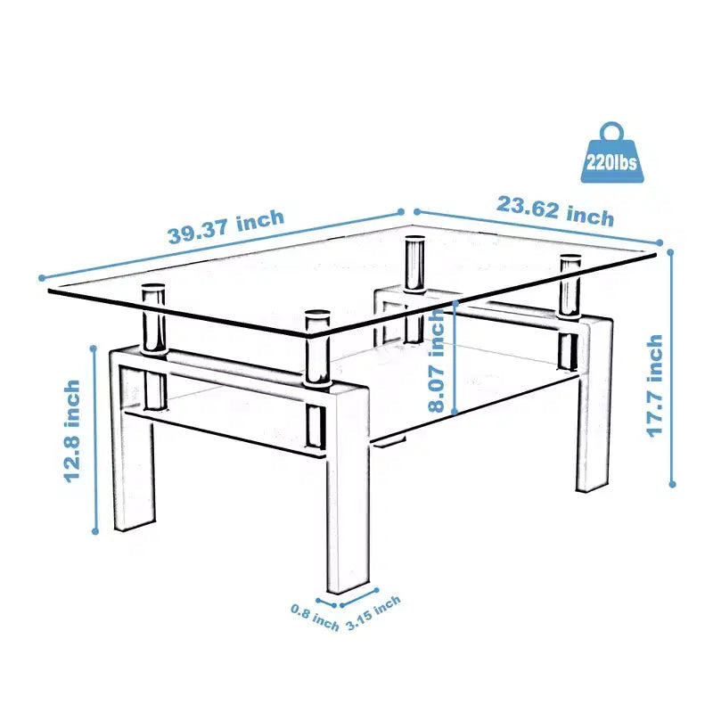 Okak Elegant Rectangle Glass Coffee Table, Modern Side Center Tables 2-Tier Clear Coffee Table for Living Room