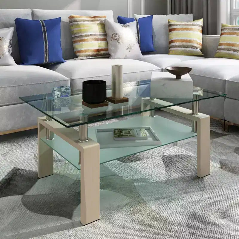 Okak Elegant Rectangle Glass Coffee Table, Modern Side Center Tables 2-Tier Clear Coffee Table for Living Room