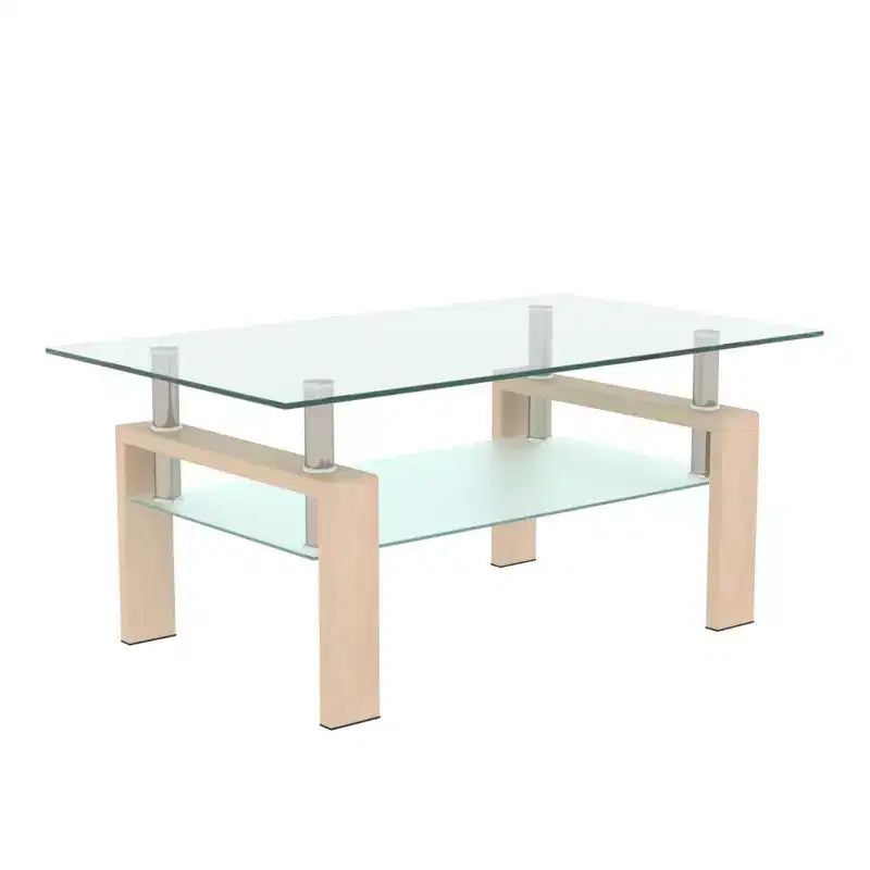 Okak Elegant Rectangle Glass Coffee Table, Modern Side Center Tables 2-Tier Clear Coffee Table for Living Room