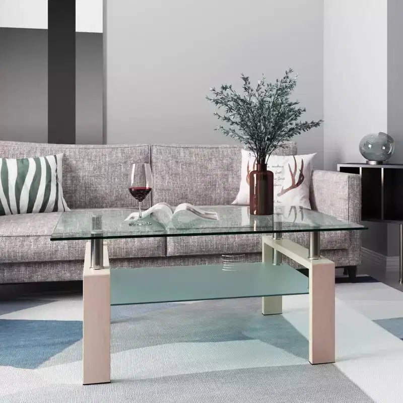 Okak Elegant Rectangle Glass Coffee Table, Modern Side Center Tables 2-Tier Clear Coffee Table for Living Room