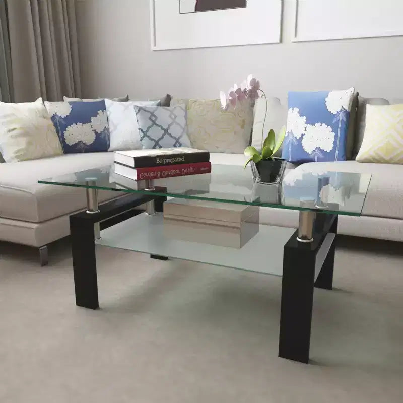 Okak Elegant Rectangle Glass Coffee Table, Modern Side Center Tables 2-Tier Clear Coffee Table for Living Room