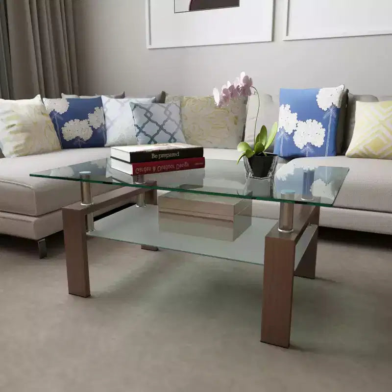 Okak Elegant Rectangle Glass Coffee Table, Modern Side Center Tables 2-Tier Clear Coffee Table for Living Room