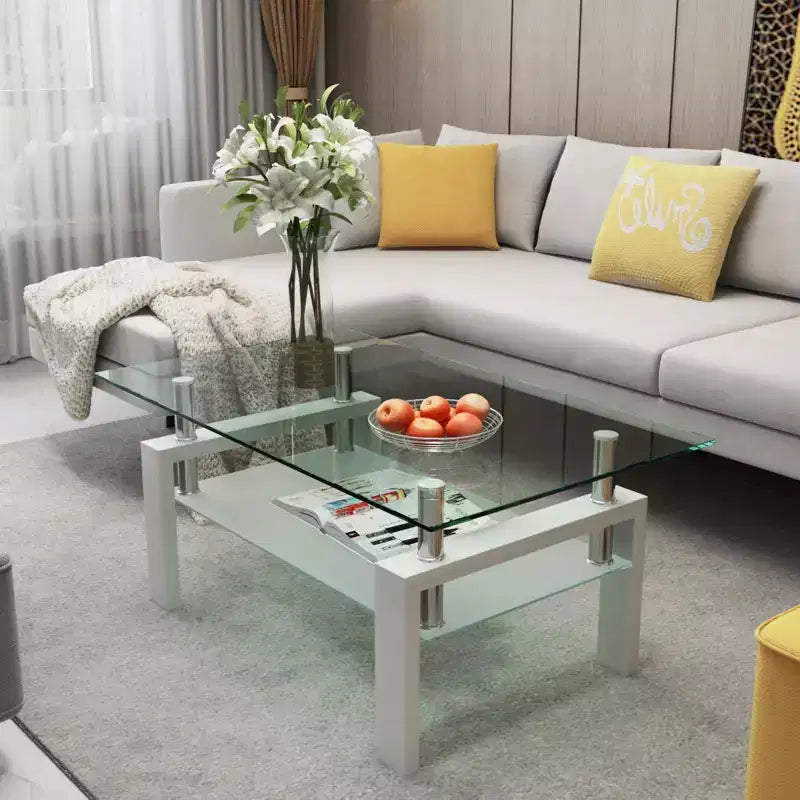 Okak Elegant Rectangle Glass Coffee Table, Modern Side Center Tables 2-Tier Clear Coffee Table for Living Room