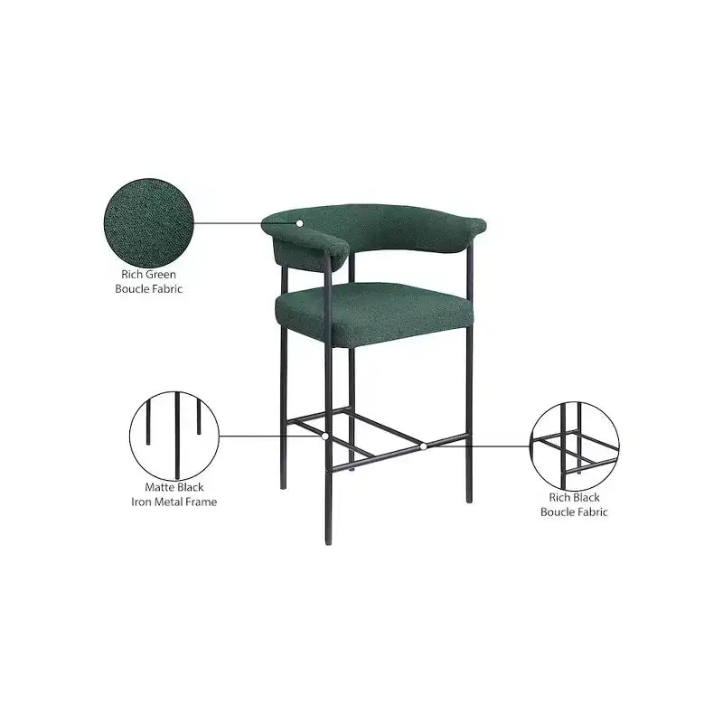 Meridian Furniture,Malin Green Boucle Fabric Counter Stool, Set of 2