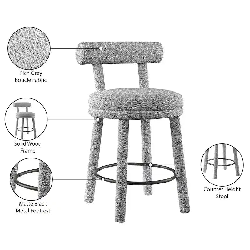Meridian Furniture,Parlor Grey Boucle Fabric Stool, Set of 2