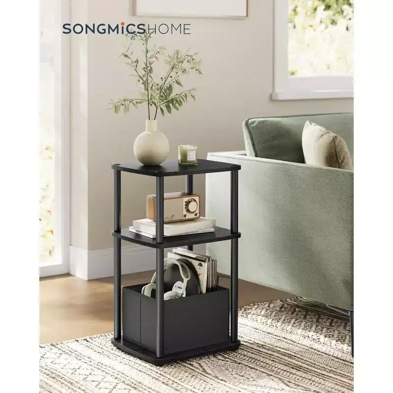 3-Tier End Table with Fabric Basket, Steel Frame Nightstand, Toolless Assembly Storage Side Table for Bedroom, Living Room, Modern Design