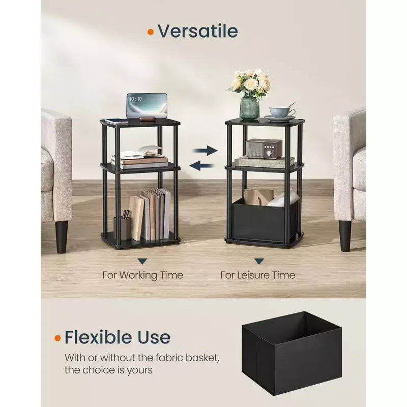3-Tier End Table with Fabric Basket, Steel Frame Nightstand, Toolless Assembly Storage Side Table for Bedroom, Living Room, Modern Design