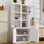 Merax Farmhouse-Inspired Freestanding Display Cabinet with Glass Doors & Storage
