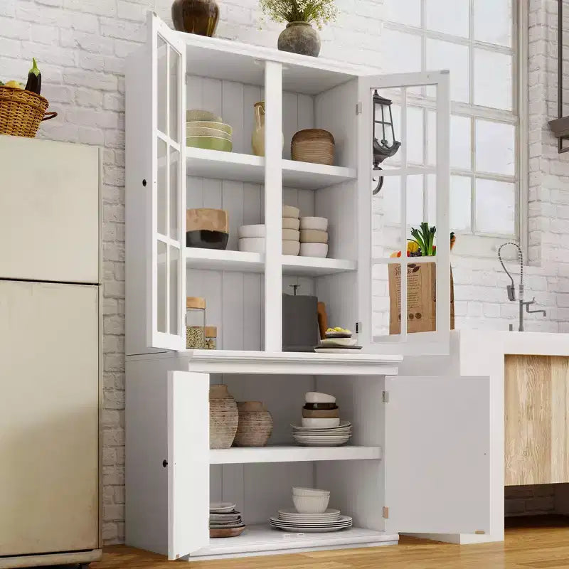 Merax Farmhouse-Inspired Freestanding Display Cabinet with Glass Doors & Storage