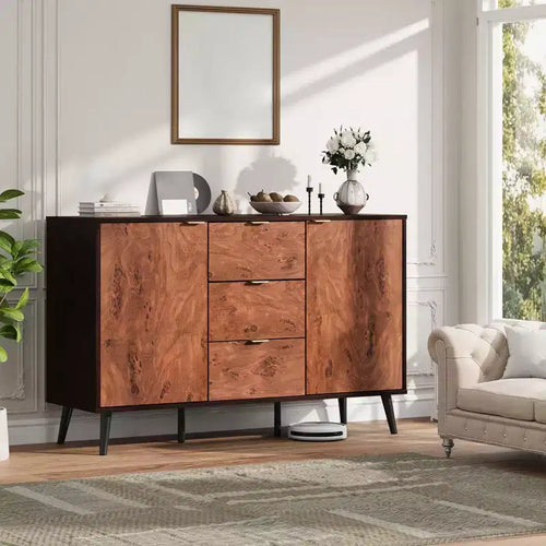 51.2 Sideboard Buffet Cabinet, Entryway Coffee Bar Cabinet with 3 Drawers, Wooden Media Console Table, Kitchen Pantry Cabinet for Living Room