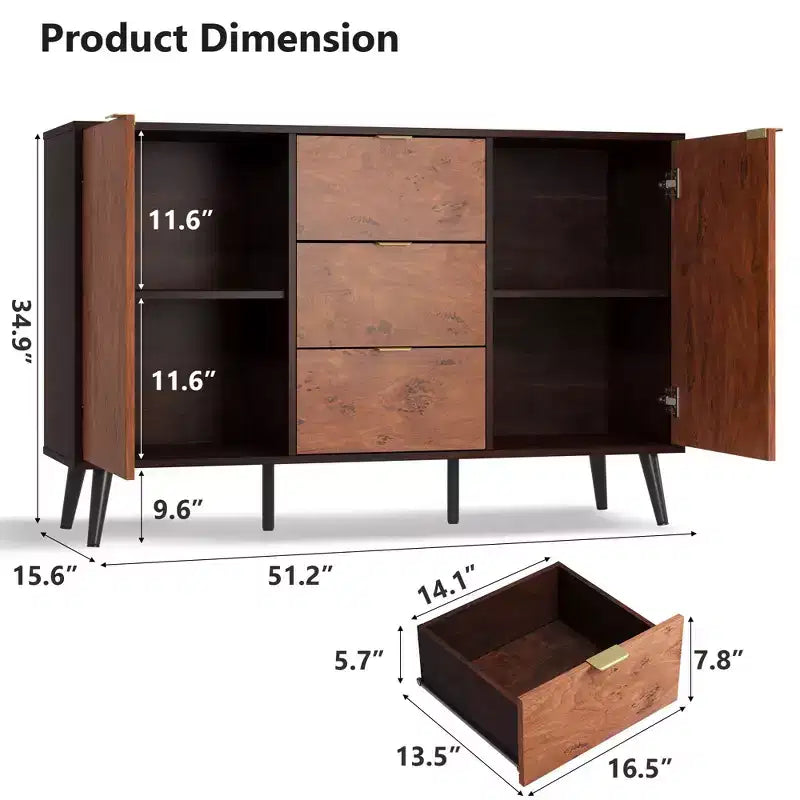 51.2 Sideboard Buffet Cabinet, Entryway Coffee Bar Cabinet with 3 Drawers, Wooden Media Console Table, Kitchen Pantry Cabinet for Living Room