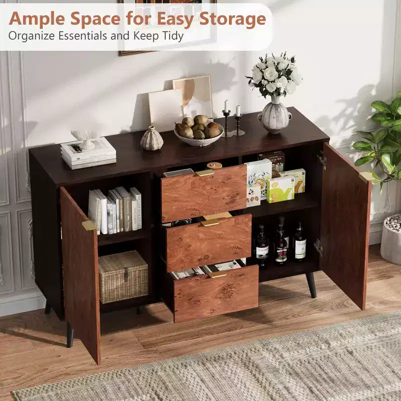 51.2 Sideboard Buffet Cabinet, Entryway Coffee Bar Cabinet with 3 Drawers, Wooden Media Console Table, Kitchen Pantry Cabinet for Living Room