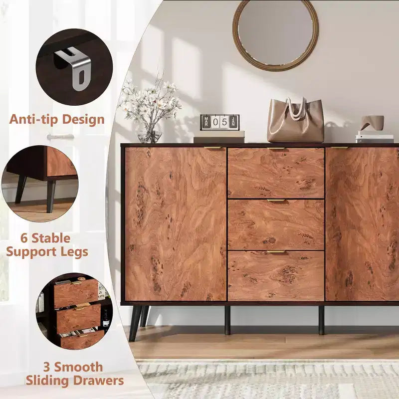 51.2 Sideboard Buffet Cabinet, Entryway Coffee Bar Cabinet with 3 Drawers, Wooden Media Console Table, Kitchen Pantry Cabinet for Living Room