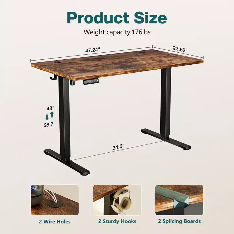 Ergonomic Height Adjustable Electric Standing Desk with T-Shaped Metal Frame and Memory Presets Modern Computer Workstation-47.20x23.60x46.40-Brown