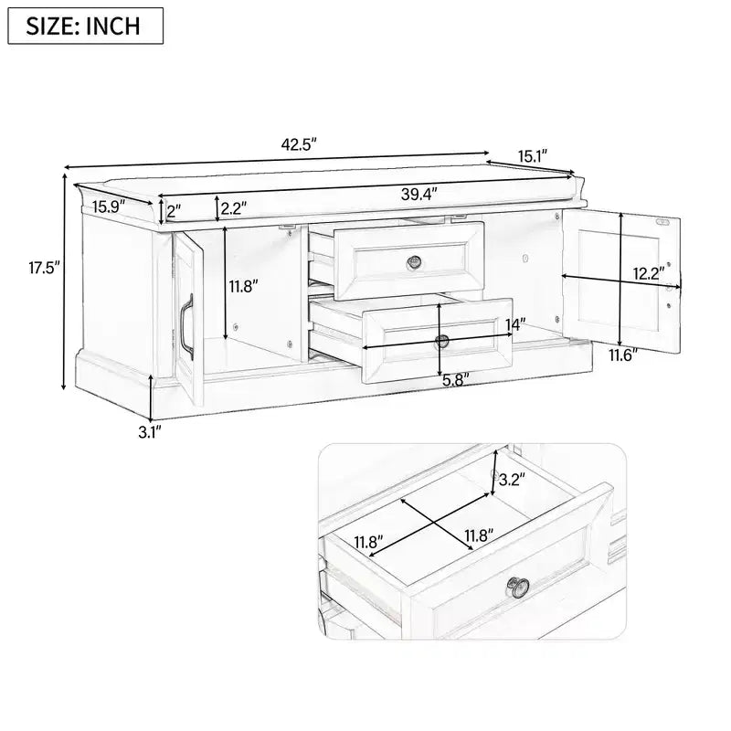 TUYOHW Storage Bench with 2 Drawers and 2 Cabinets, Shoe Bench with Removable Cushion for Living Room and Entryway, Black