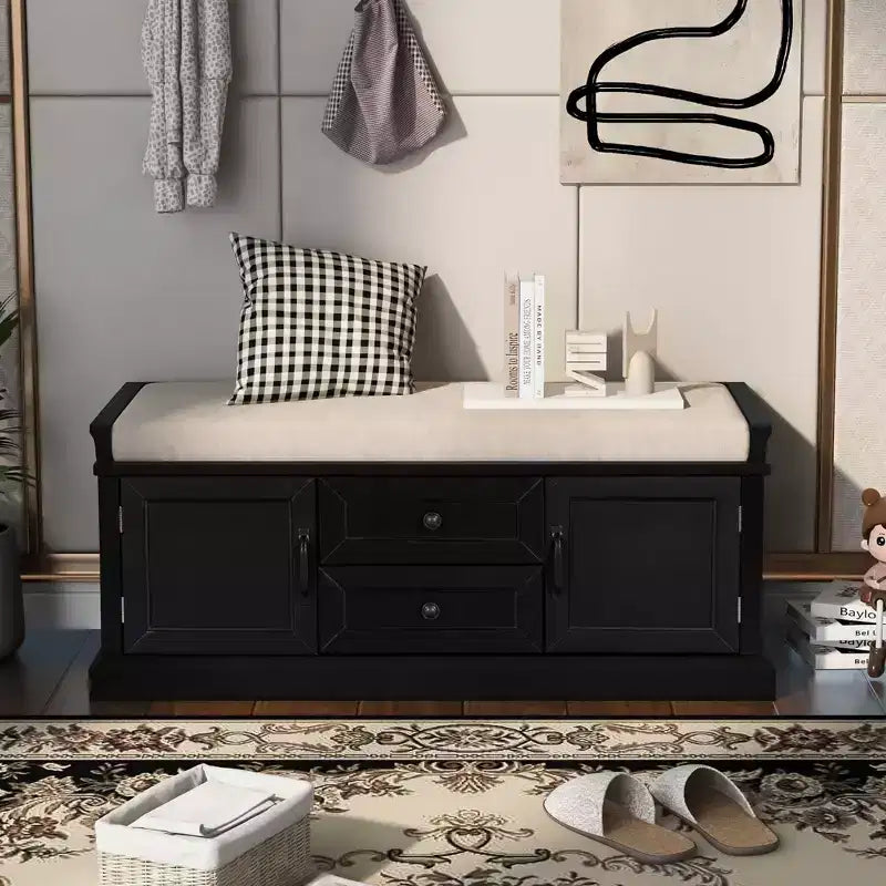TUYOHW Storage Bench with 2 Drawers and 2 Cabinets, Shoe Bench with Removable Cushion for Living Room and Entryway, Black