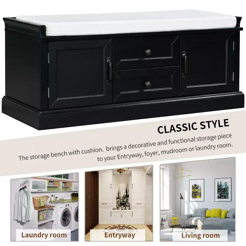 TUYOHW Storage Bench with 2 Drawers and 2 Cabinets, Shoe Bench with Removable Cushion for Living Room and Entryway, Black