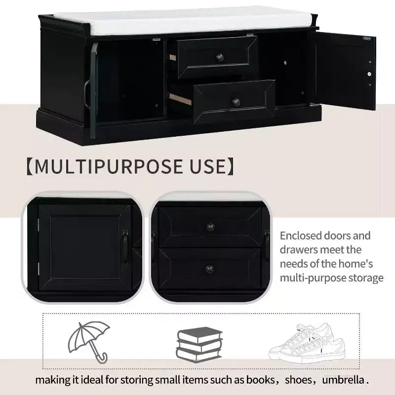 TUYOHW Storage Bench with 2 Drawers and 2 Cabinets, Shoe Bench with Removable Cushion for Living Room and Entryway, Black