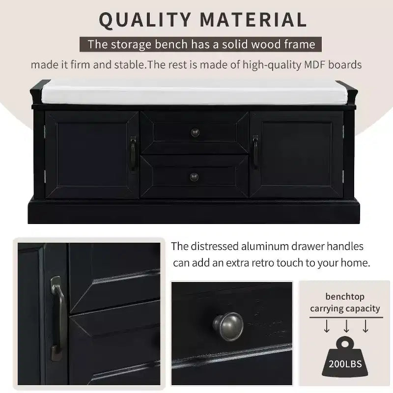 TUYOHW Storage Bench with 2 Drawers and 2 Cabinets, Shoe Bench with Removable Cushion for Living Room and Entryway, Black