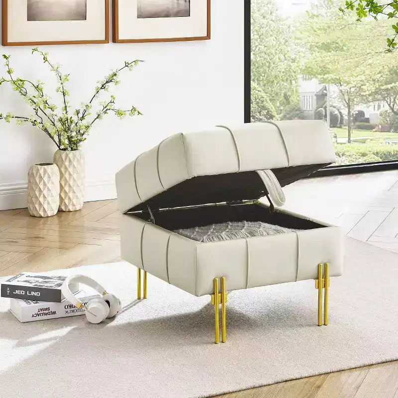 TUYOHW 22 Inches Anti-scratch Leather Storage Ottoman, Pet Friendly Entryway Bench with Golden Stainless Steel Legs, Beige