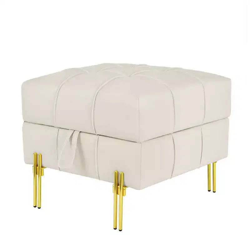 TUYOHW 22 Inches Anti-scratch Leather Storage Ottoman, Pet Friendly Entryway Bench with Golden Stainless Steel Legs, Beige