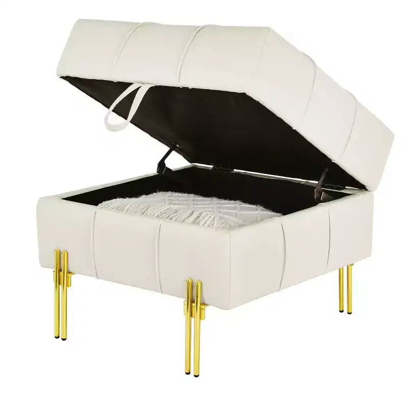 TUYOHW 22 Inches Anti-scratch Leather Storage Ottoman, Pet Friendly Entryway Bench with Golden Stainless Steel Legs, Beige