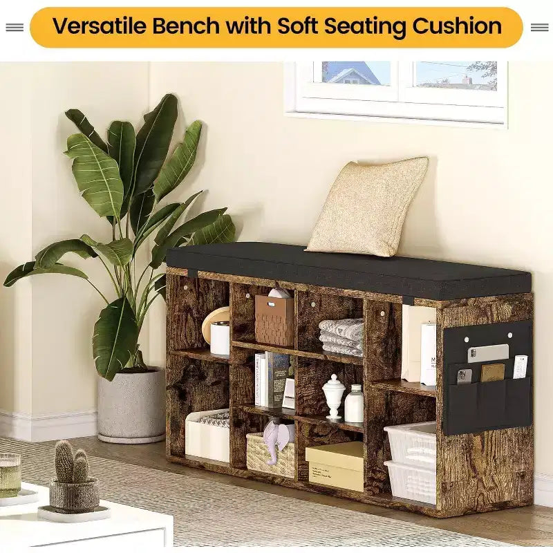 GustoWave Shoe Storage Bench with Cushion, 10-Cubby Shoe Rack, Adjustable Shelves, Multifunctional Shoe Organizer Bench for Entryway, Mudroom, Hallway