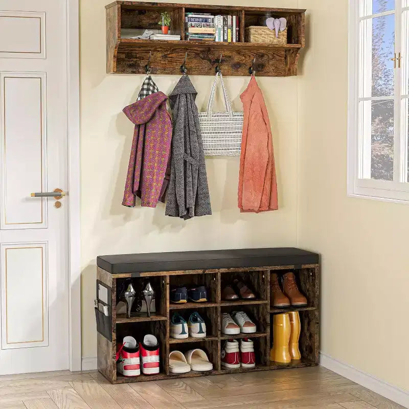 GustoWave Shoe Storage Bench with Cushion, 10-Cubby Shoe Rack, Adjustable Shelves, Multifunctional Shoe Organizer Bench for Entryway, Mudroom, Hallway