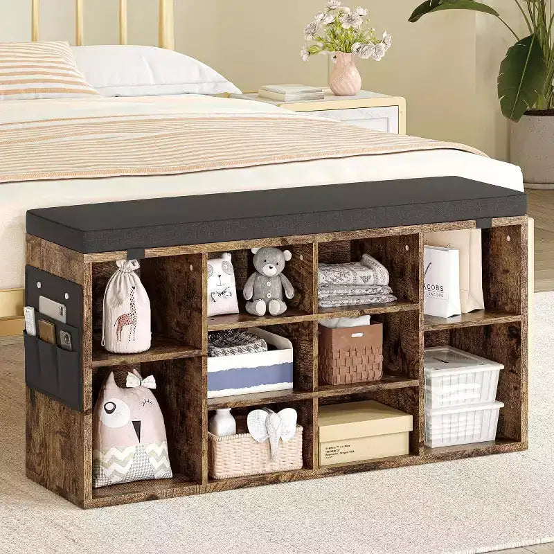 GustoWave Shoe Storage Bench with Cushion, 10-Cubby Shoe Rack, Adjustable Shelves, Multifunctional Shoe Organizer Bench for Entryway, Mudroom, Hallway