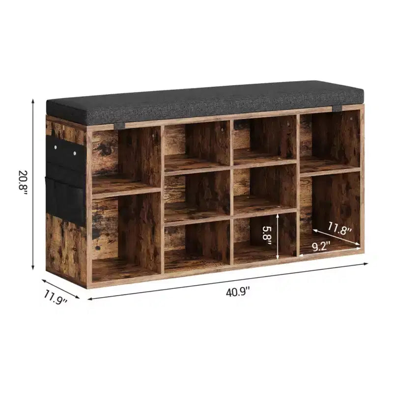 GustoWave Shoe Storage Bench with Cushion, 10-Cubby Shoe Rack, Adjustable Shelves, Multifunctional Shoe Organizer Bench for Entryway, Mudroom, Hallway