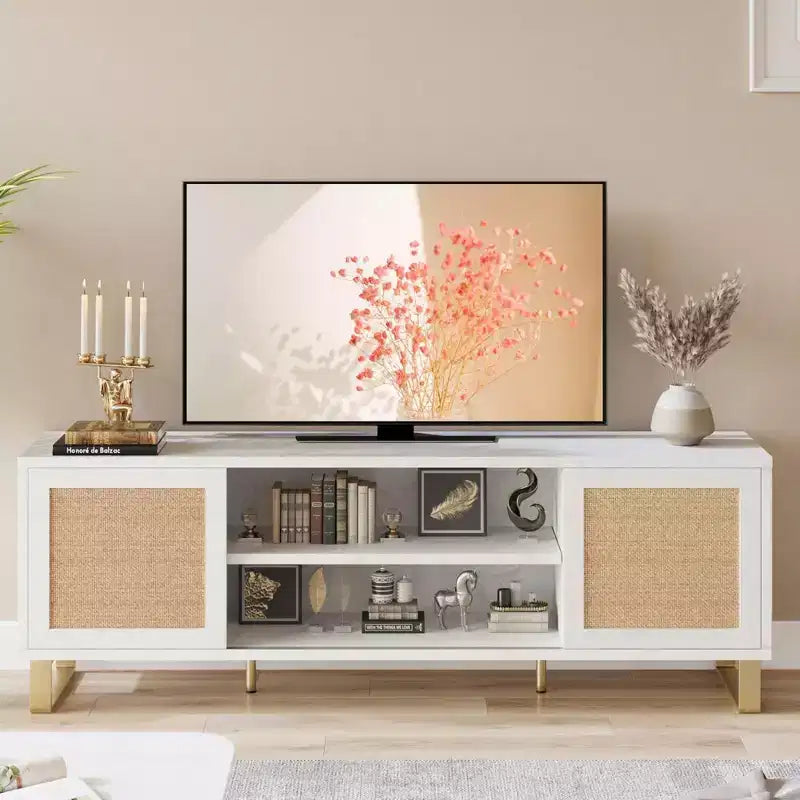 Modern Rattan TV Stand for TVs Up to 65, 57'' Entertainment Center with Cabinet & Open Shelves, Wooden Media Console Table, Sideboard Buffet Cabinet