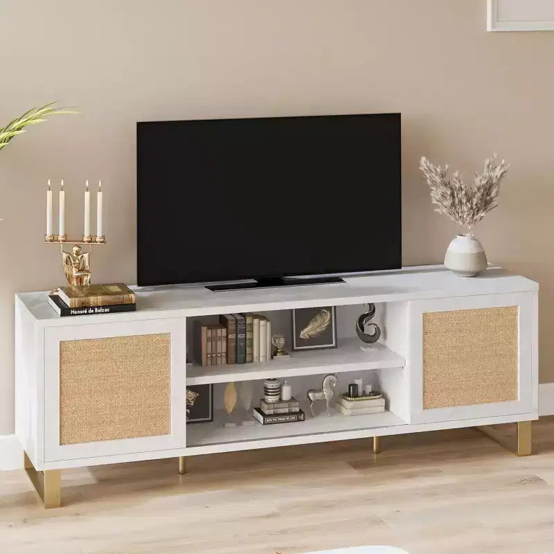 Modern Rattan TV Stand for TVs Up to 65, 57'' Entertainment Center with Cabinet & Open Shelves, Wooden Media Console Table, Sideboard Buffet Cabinet