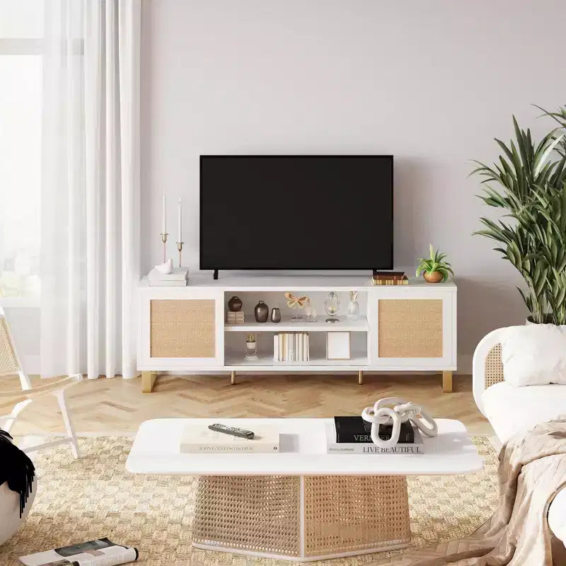 Modern Rattan TV Stand for TVs Up to 65, 57'' Entertainment Center with Cabinet & Open Shelves, Wooden Media Console Table, Sideboard Buffet Cabinet