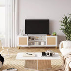 Modern Rattan TV Stand for TVs Up to 65, 57'' Entertainment Center with Cabinet & Open Shelves, Wooden Media Console Table, Sideboard Buffet Cabinet