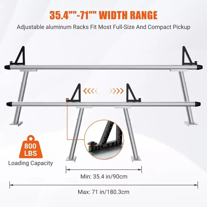 Truck Rack Ladder Rack - 71 Aluminum 800lb Capacity, No-Drill C-Clamps, Universal Fit for Pickup Beds, Powder Coated