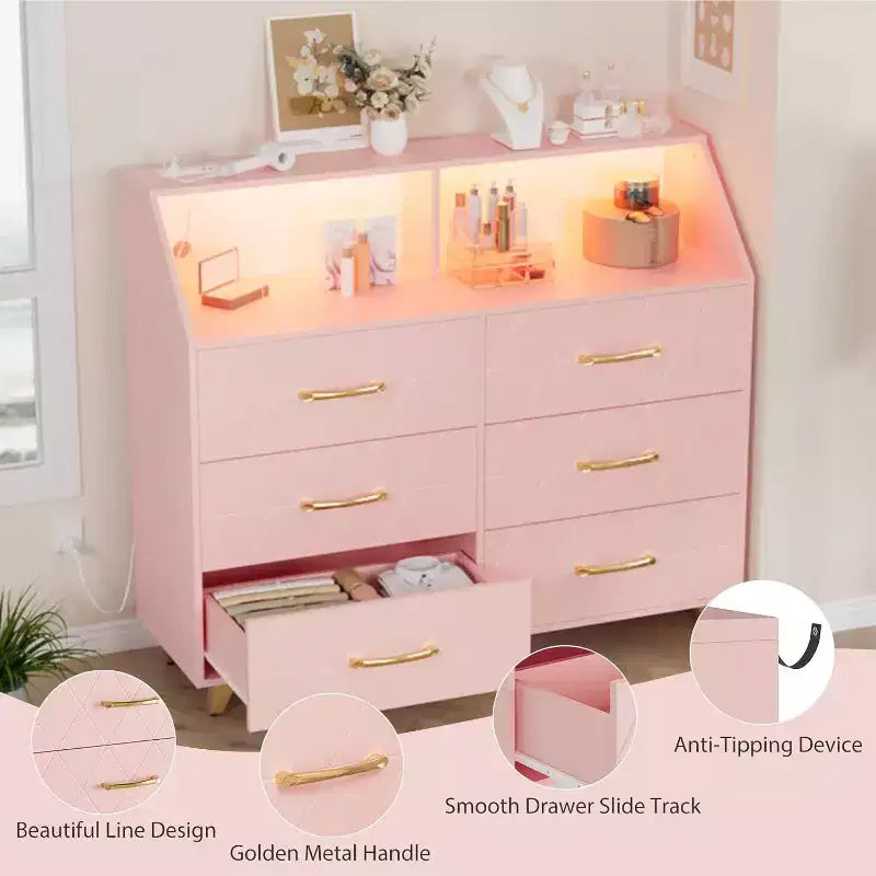 6-Drawer Dresser with Charging Station - Freestanding Storage Cabinet for Bedroom Living Room