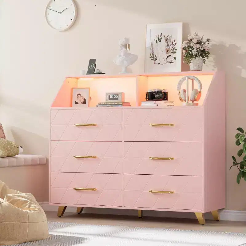 6-Drawer Dresser with Charging Station - Freestanding Storage Cabinet for Bedroom Living Room