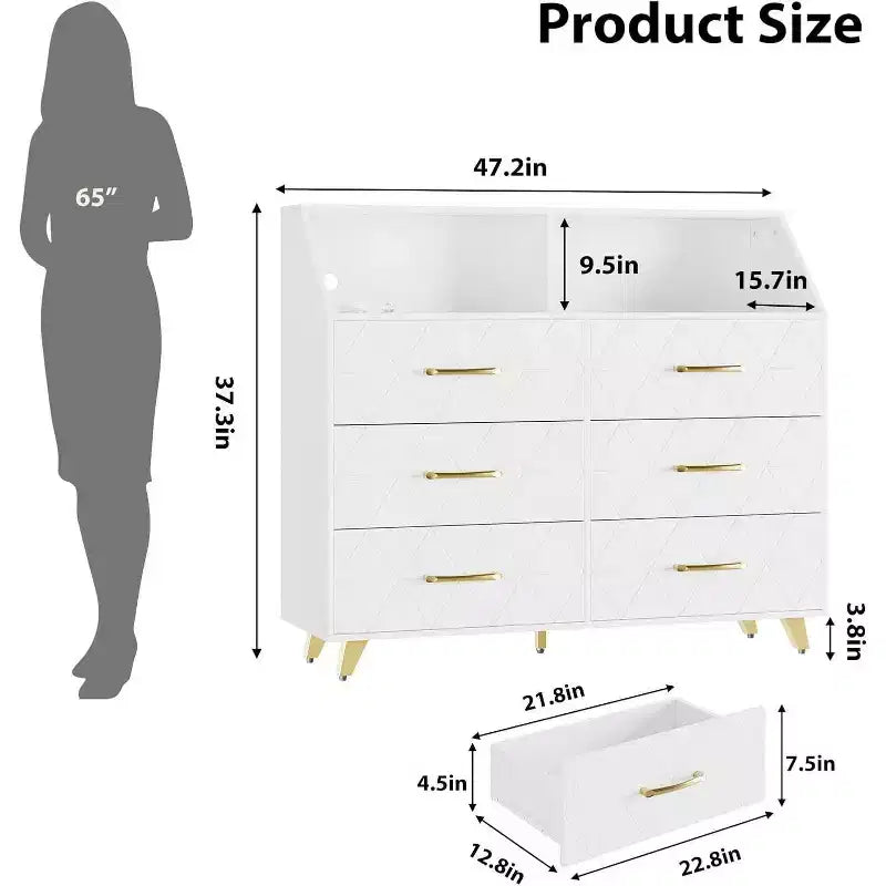 6-Drawer Dresser with Charging Station - Freestanding Storage Cabinet for Bedroom Living Room